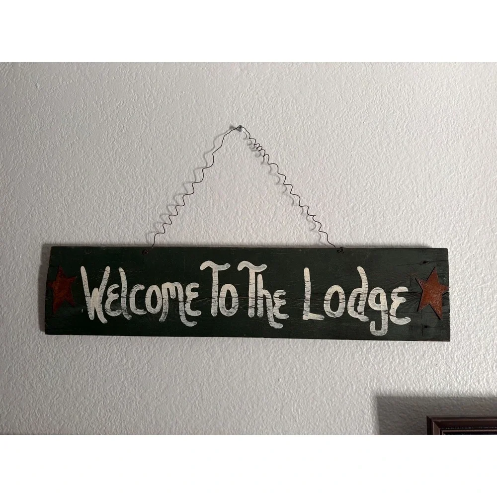 Rustic Welcome To The Lodge Wooden Sign Primitive Cabin Decor Metal Stars Hanger
